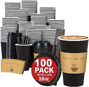 Lamosi 16 oz Coffee Cups with Lids 100 Pack, 16 oz Disposable Coffee Cup with Stir Sticks and Sleeves, To Go Hot Paper Cup for Home, Travel, Office