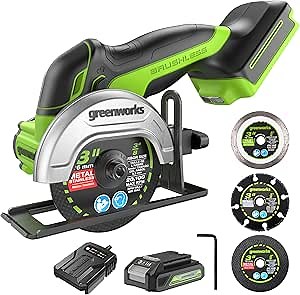 Greenworks 24V Mini Circular Cut-Off Saw Kit – Cordless Brushless 3'' Cutting Tool with 2.0Ah Battery & Charger, Compact for Metal, Tile, Plastic, Grinder-Style Design