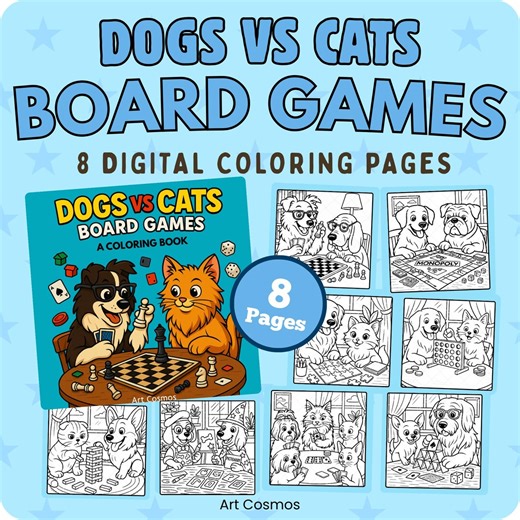 Dogs Vs Cats Board Games Coloring Book – 8 Coloring Pages   1 Bonus Gift | Printable PDF - Etsy