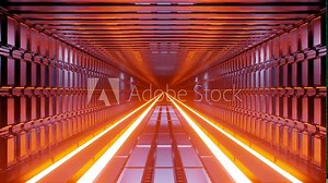 Motion graphics sci fi: rectangular enclosed orange and yellow tunnel for futuristic travel along parallel divided tracks, concept