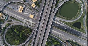 Aerial junction city intersection cross road with green tree park Transport with environment save world