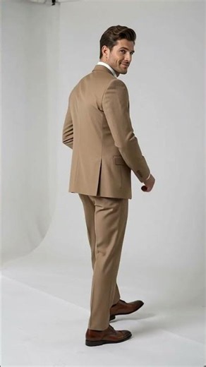Men’s Caramel 2 Button Modern Fit Vested Wool Suit, Formal Wedding Business Dress Suit