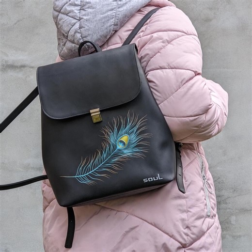 Black Leather Backpack With Peacock Feather Painting Lagre Size Rucksack for Travel Handcrafted Purse - Etsy