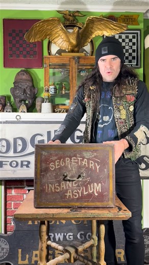 4K views · 274 reactions | ️ CHECK this one out !! TAG someone who would LOVE thjs neat antique metal box with great surface and early painting that reads “ Secretary Insane Asylum “. Most likely used as a prop for an early haunted house or circus sideshow ‍☠️ | Ben Zirbser | Facebook