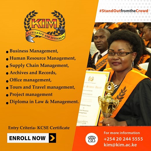 The Kenya Institute of Management invites you to enroll for Certificate and Diploma courses in Management. Requirements: KCSE Certificate. October Intake is currently ongoing. We have both face-to-face and online classes. For more details visit our website www.kim.ac.ke or call 254 20 244 5555. #KIMKenya #learning #management #education #training #highereducation #KaribuKIM #nairobi #mombasa #kisii #kitengela #machakos #nakuru #eldoret #nanyuki #nyeri #thika #utawala #narok #embu #kisumu | Kenya