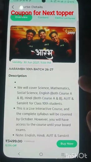 FREE 500 coupon code for aarambh batch(next toppers)