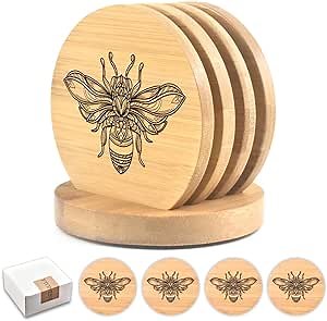 Funny Bee Home Decor Round 100% Natural Bamboo Coasters 4-Pack Set with Holder, Coaster for Drinks Wooden Coasters Outdoor Coasters, Housewarming Birthday Wedding, 4 Inches