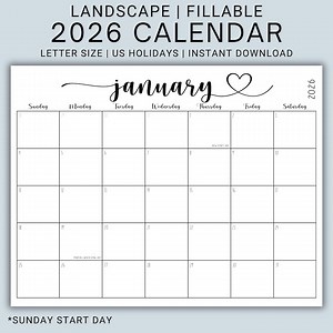 2026 Editable Calendar PDF | Fillable Monthly Planner Pages | Landscape Layout | Printable Schedule Organizer | Digital Download | CFWH - Etsy