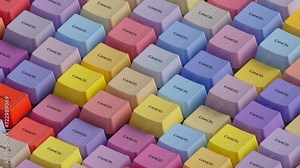 The multi-colored keyboard keys labeled "cancel" are triggered randomly