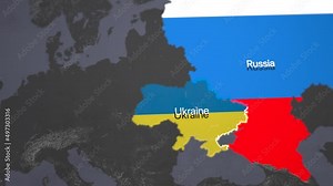 Map of Europe focused on Eastern Europe. Ukraine and Russia highlighted with their flags. Ukrainian border highlighted. Ukraine war and Russian invasion concept