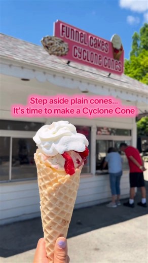 Let's make a classic Cyclone Cone! It's simple: a homemade waffle cone, vanilla ice cream, fresh strawberries and whipped cream... but it's magic 🍓 Grab one today! https://tinyurl.com/ykdu49pb | Idlewild & SoakZone