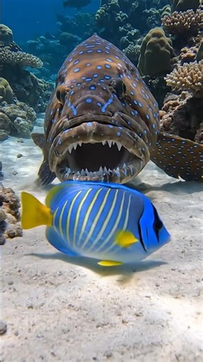 Peacock Grouper vs. Blue-Velvet Angelfish – Lightning Reef Ambush! #shorts