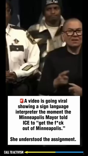 🚨A video is going viral showing a sign language interpreter the moment Minneapolis Mayor Jacob Frey told ICE to “get the f*ck out of Minneapolis.” She understood the assignment. #sharethis #lockhimup #nevertrump #stoptrump #politicalmemes | CALL TO ACTIVISM