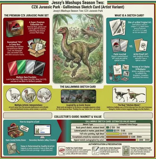 The CZX Jurassic Park Gallimimus Sketch Card is a one-of-a-kind, hand-drawn collectible featuring the Gallimimus from the original Jurassic Park film trilogy. Produced by Cryptozoic Entertainment as part of the super-premium CZX line, each card is a true 1/1 original artwork created directly on official card stock by a commissioned artist, meaning no two cards are ever the same. These sketch cards are part of the larger CZX Jurassic Park set celebrating Jurassic Park, The Lost World: Jurassic Pa