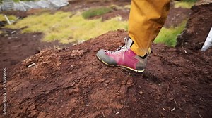 View of a woman stepping over the red peat moss field, Sphagnum magellanicum, in Ushuaia, Patagonia Argentina.
