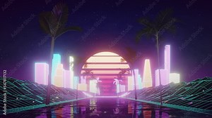 80´s retro cyberpunk city. Wave neon background animation. 3D rendered seamless video loop. Retrowave stylized. Stock Video