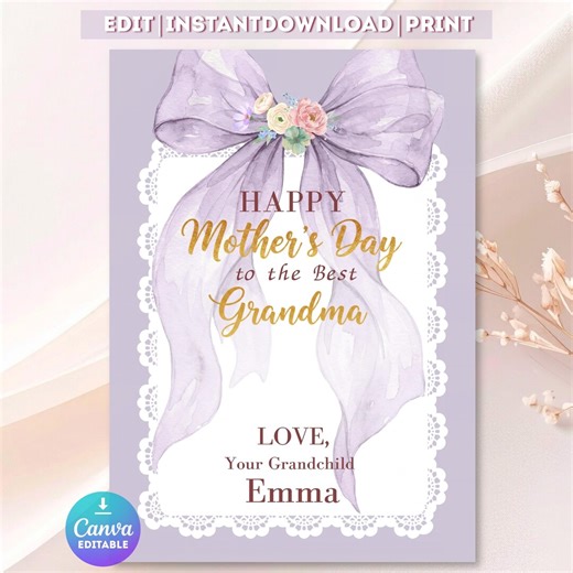 Mother’s Day Card for Grandma | Lavender Purple Bow Printable | Editable Canva Template | Personalized Name & Signature | Instant Download - Etsy