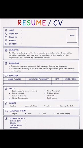 How to Make a Perfect Resume for Any Job | Resume / CV Format #resume #cv #viralshorts #jobs #study