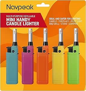 Mini Candle Lighter Multipurpose Lighter Utility Lighters with Extended Wand Handy Refillable for Kitchen Fireplace Pilot Light DIY BBQ Grill Stove 5 Pack (Butane Included)