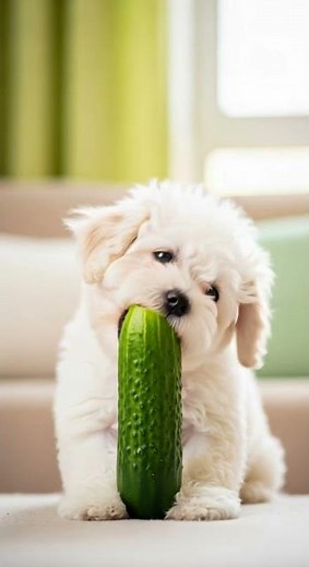 Puppy tries cucumber for the first time 🥒🐶