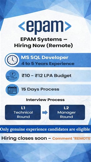 Oklut Technologies on Instagram: "EPAM Systems is Hiring – Remote Opportunity! Looking for an experienced MS SQL Developer (4–5 Years)? This is a remote role with a quick hiring process and competitive budget 💼💰 ✨ Highlights: ✔️ Remote job ✔️ ₹10–₹12 LPA budget ✔️ 15 days process ✔️ Only genuine experience 📩 Interested? Comment “REMOTE” below We’ll share the details with you! 👇🔥 #EPAM #EPAMHiring #RemoteJobs #RemoteHiring #SQLDeveloper #MSSQL #ITJobs #TechJobs #DeveloperJobs #HiringNow #Job