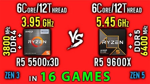 Ryzen 5 5500x3D vs Ryzen 5 9600X - 16款游戏测试