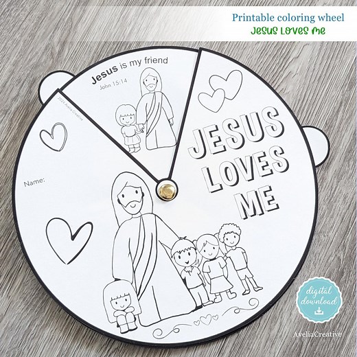 Jesus Loves Me Printable Coloring Wheel, Instant Download, Kids Bible Lesson Sunday School Activities Coloring Wheel Pin Jesus Loves Me - Etsy