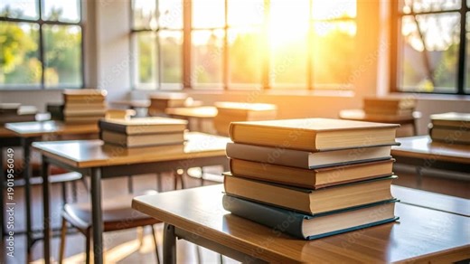 Stack of old books on a wooden desk in an empty classroom with sunlight streaming through windows