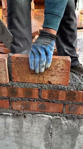 laying red bricks on a cement base using a metal trowel for strong building construction