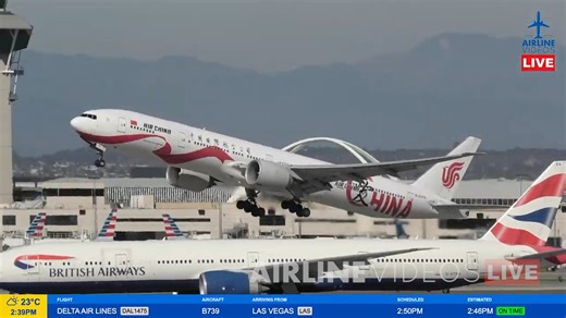 A rare visitor to LAX! Air China Boeing 777-300ER in the “Love China” special livery departs Los Angeles, captured live during Sunday’s Airline Videos Live broadcast from Imperial Hill. #airlinevideoslive #airlinevideos #laxairport #airports #aviation #aviationgeek #avgeek #boeing777 | AIRLINE VIDEOS