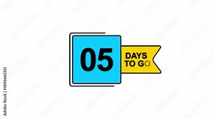 Countdown timer graphic showing five days to go, with a blue square and yellow banner 5 days
