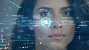 Close-up of intense blue eyes with holographic data overlay. Digital code streams across serene face, embodying human-AI symbiosis.