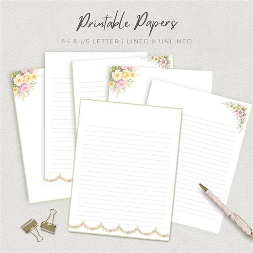 Printable Flower Stationery, Pale Red Letter Writing Set, Lined Paper, Notes Page, Snail Mail, Floral Borders - Etsy