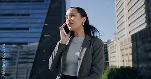Business, phone call and woman in city with contact to client or b2b communication with news. Hello, entrepreneur and smartphone to chat with investor, update information and networking conversation