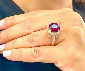 Oval Shape Ruby and Round Cut Sides Simulated Diamonds Engagement Ring Halo Wedding Ring Anniversary Ring 14K Solid Yellow Gold 6.50ctw - Etsy