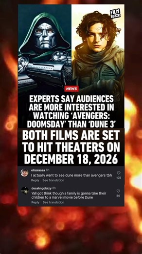 EXPERTS SAY AUDIENCES ARE MORE INTERESTED IN WATCHING 'AVENGERS: DOOMSDAY' THAN 'DUNE 3'