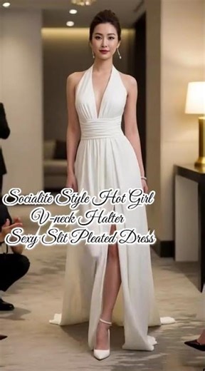 This halter-neck, V-cut pleated dress with a slit is all about elegance + edge