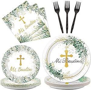 ZOIIWA 96 Pieces God Bless Party Plates First Holy Communion Theme Party Decorations God Bless Paper Plates and Napkins Baptism Disposable Dessert Tableware Set Mi Bautizo Supplies 24 Guests
