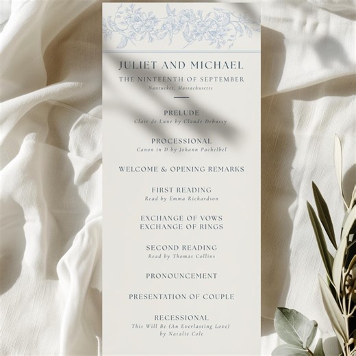 Editable Wedding Ceremony Program Template, Toile Blue Order of Service, Printable Canva Program - Etsy