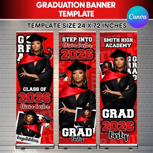 03 Graduation Banner Canva Editable Template, Red Graduation Banner for Grad Parties, Class of 2026 Celebration, Large Format, Printable