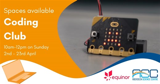Coding Club is back soon! This club, for those aged 9-12, will let you code with electronics, sensors and motors. It will run weekly on a Sunday, 10am-12pm, from 2nd April through to the 23rd April and costs £25 per child. Spaces are limited, to secure yours please email clubs@asc.scot or fill out the contact form on our website https://aberdeensciencecentre.org/clubs/ | Aberdeen Science Centre | Facebook