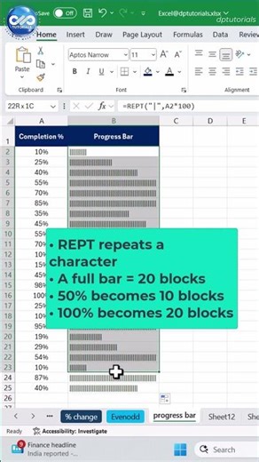 Excel Percentage Bar | REPT Function Trick