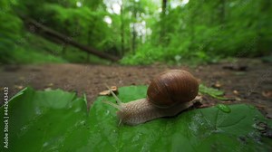 A close-up video of a small garden snail crawling on the forest floor. The small creature moving slowly on the ground, stretching its' slimy body, crawling over the wind-torn leaves.