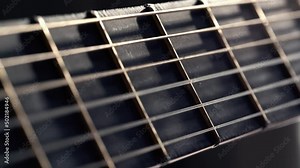 Playing Acoustic Guitar close up of Strings vibrating. Abstract defocused field of view.