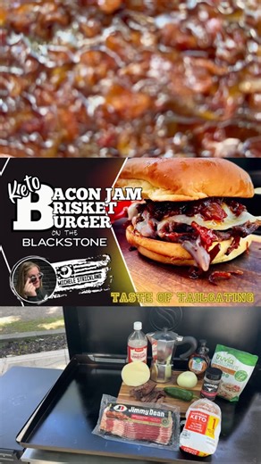 Oh, #GriddleNation ! Michele’s Blackstone has done it again with her new video recipe for “TASTE OF TAILGATING”. Inspired by the amazing @BlackstoneBetty recipe into a ketogenic one and made “Keto Bacon Jam” that turned out absolutely divine! Now, here's where it gets even better. I smoked a brisket for 14-hours till it was melt-in-your-mouth tender and loaded with flavor. I melted provolone cheese on top of that brisket, and threw it all on top of a toasted keto Hawaiian bun. The final touch? A