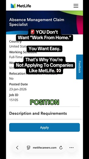 Let’s be honest. Some of y’all don’t want “work from home.” You want easy. 👀 And corporate remote is not easy… it’s structured. It’s compliance. It’s documentation. It’s policies. This MetLife role is Absence Management — meaning you’re handling FMLA, ADA, leave claims, eligibility decisions, tracking intermittent leave, updating systems, writing letters. That’s grown, professional, detail-oriented energy. If you’ve worked in: claims HR insurance case management disability admin roles with docu
