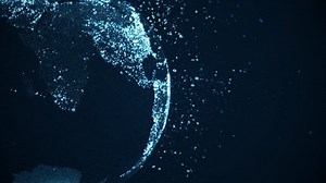 bitcoin mining blockchain animation or block chain technology. crypto currency of bitcoins hovers in the digital space. Background showing a huge digital wealth. The concept of digital power and