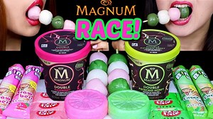 161K views · 81 shares | ASMR RACE! PINK VS GREEN MAGNUM ICE CREAM PINTS, DANGO (MOCHI), KITKAT, CHOCOLATE CONES, MONAKA 먹방 | Kim&Liz ASMR | Facebook