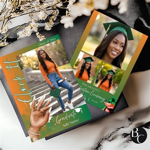 Graduation Ceremony Invitation Template Editable Canva Invite Photo Clock It Green and Orange 5x7 - Etsy