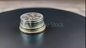 The Coins in the close-up. Metallic money.